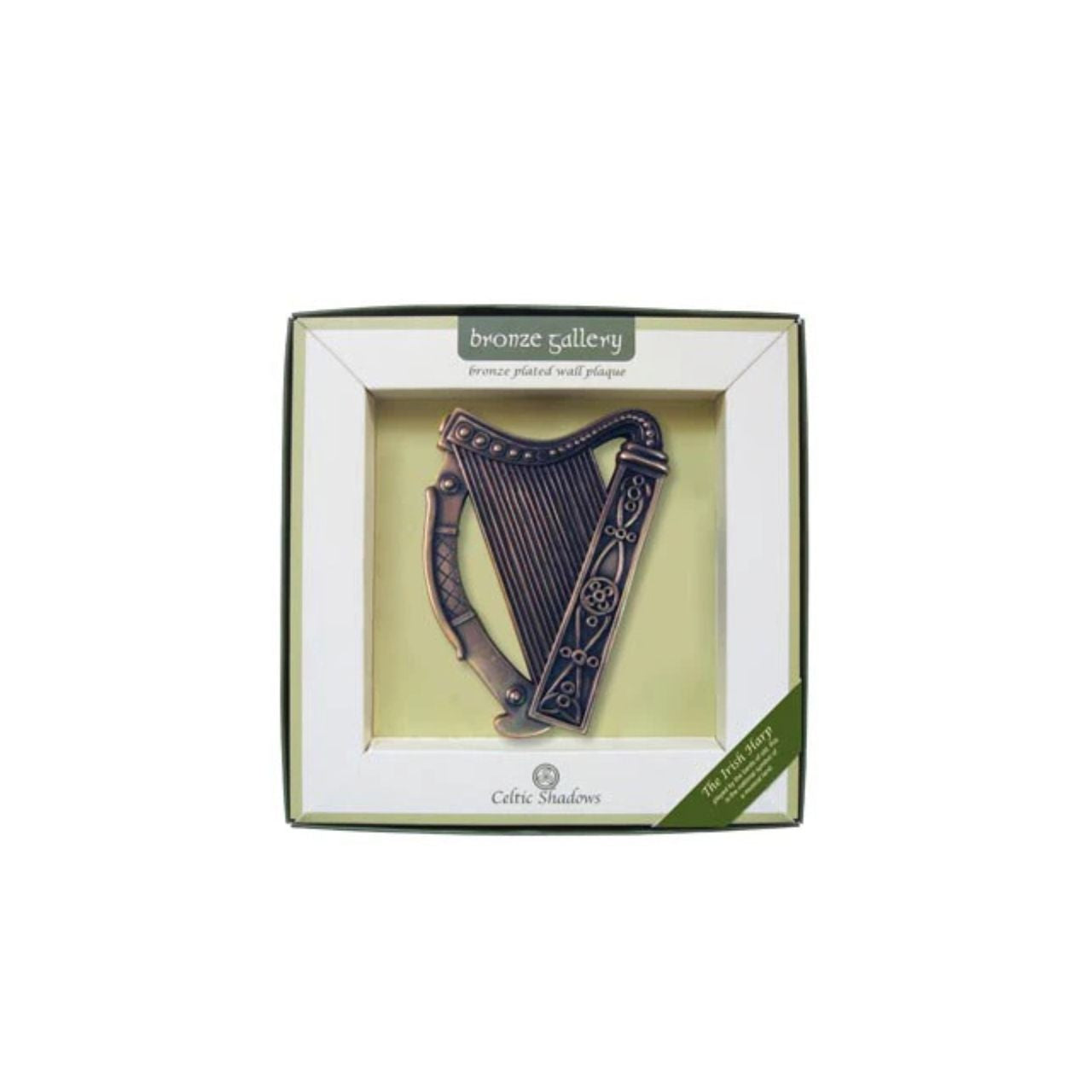 The Irish Harp, dating back to the 12th century, and made famous by bards such as Turlough O'Carolan, the blind harpist and composer, was adopted by Ireland as its national symbol. Here it is portrayed in plated bonze, enhancing the carved detailing.