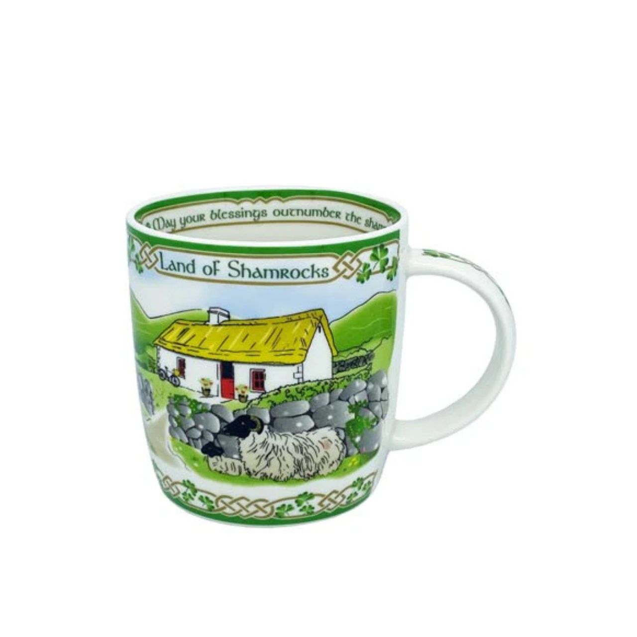 This bone china mug depicts a thatched cottage with sheep sheltering behind a typical west of Ireland stone wall and fishermen at work on the Atlantic coast.