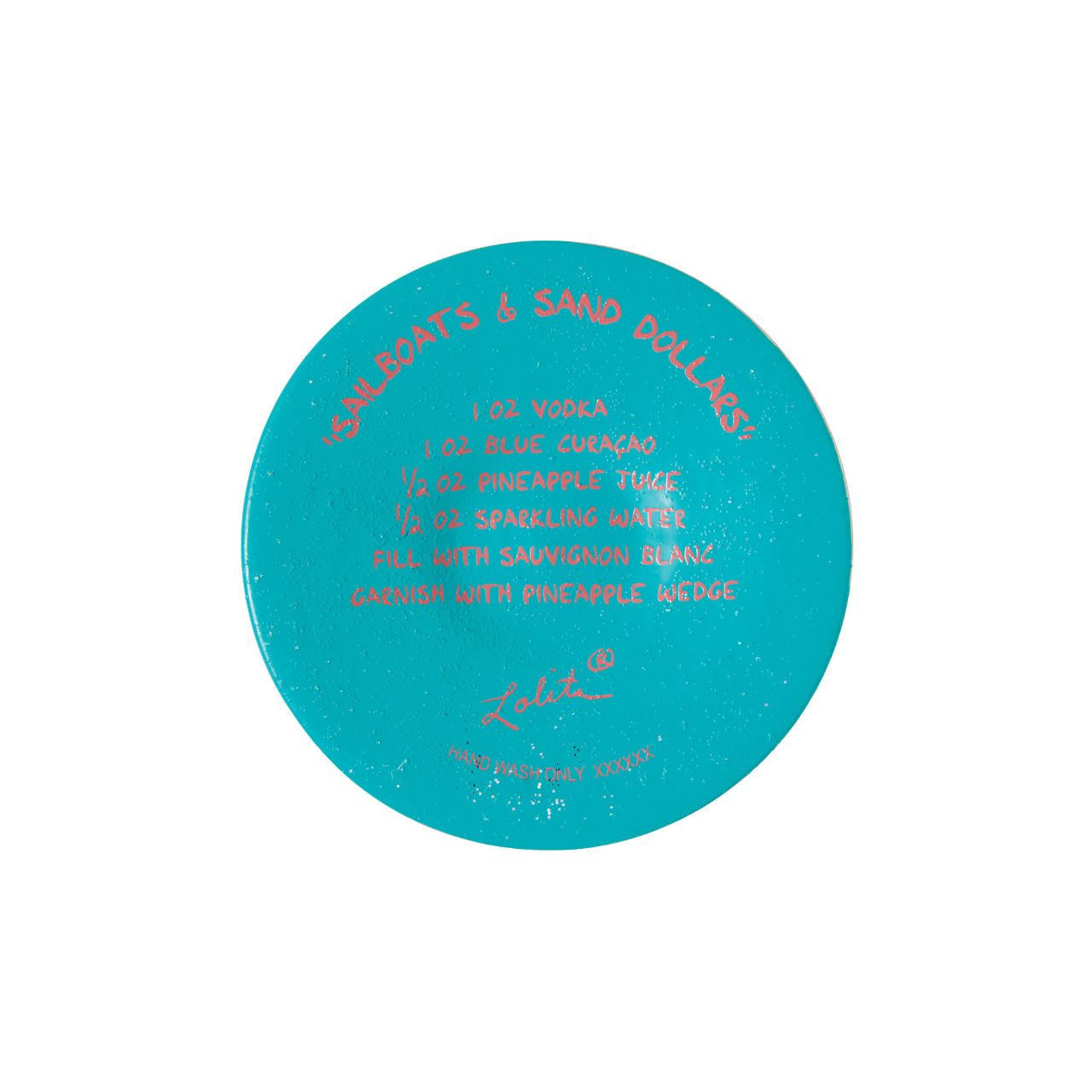 The Sailboats &amp; Sand Dollars Wine Glass by Lolita is a stunning Summer accessory, whether you're sailing or sunbathing| Bright blues combine with punchy coral pink to make a joyous ode to days at the beach.