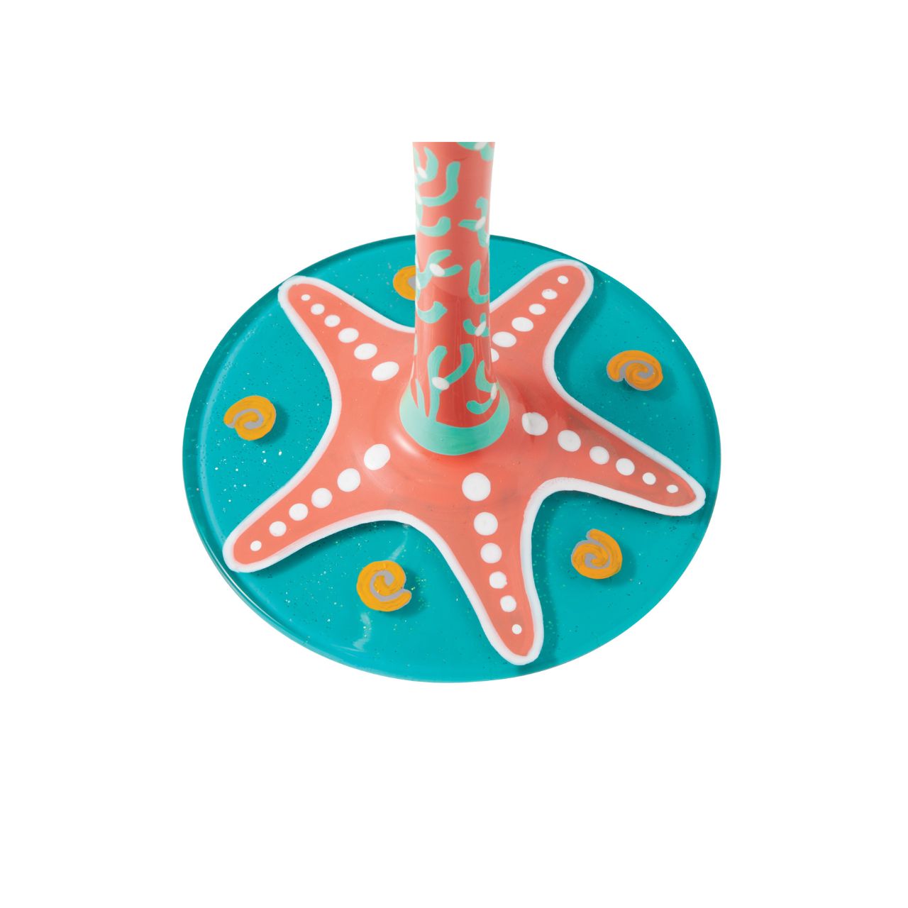 The Sailboats &amp; Sand Dollars Wine Glass by Lolita is a stunning Summer accessory, whether you're sailing or sunbathing| Bright blues combine with punchy coral pink to make a joyous ode to days at the beach.