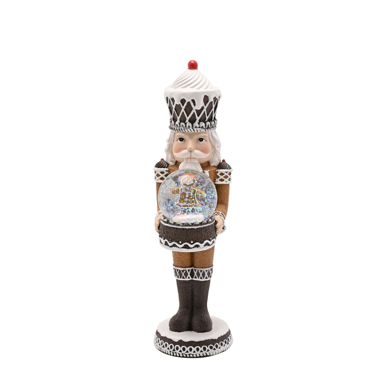 Bring festive cheer to your displays with the Santa & Friends Dark Gingerbread Nutcracker Holding a Globe - 23cm, a wonderfully detailed piece perfect for the season.