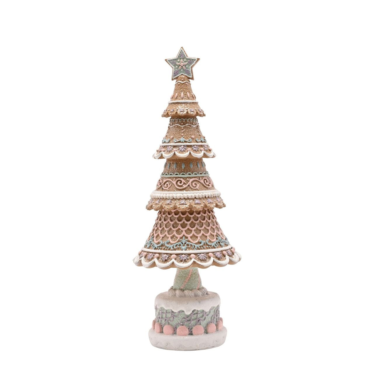 Bring festive cheer to your displays with the Santa & Friends Gingerbread Christmas Tree - Pastel, a detailed piece perfect for the season.