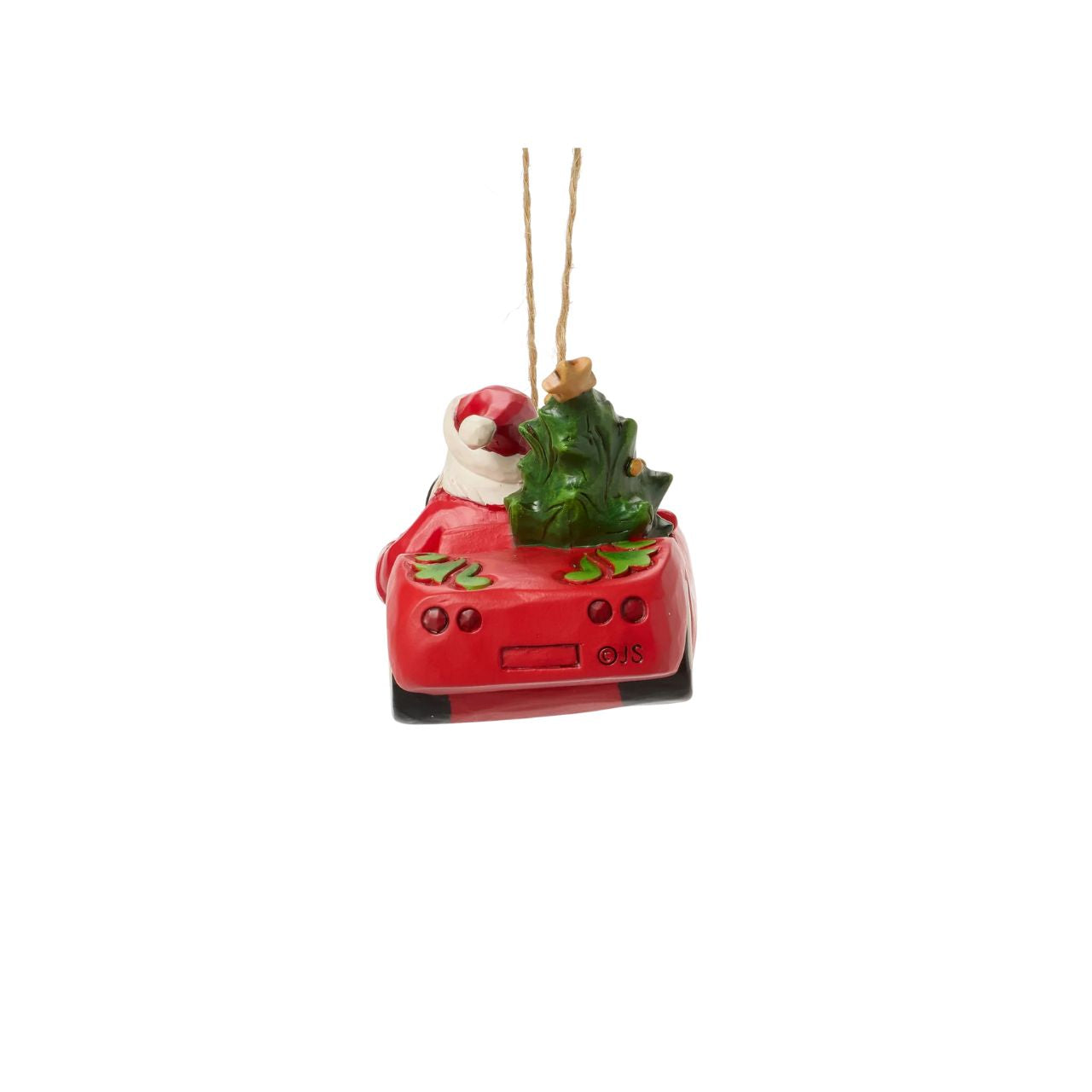 This playful Jim Shore Christmas ornament features Santa cruising in a red sports car adorned with holly, his face beaming with holiday joy. With a Christmas tree and presents packed in the back seat, Santa is ready to spread cheer in sporty style.