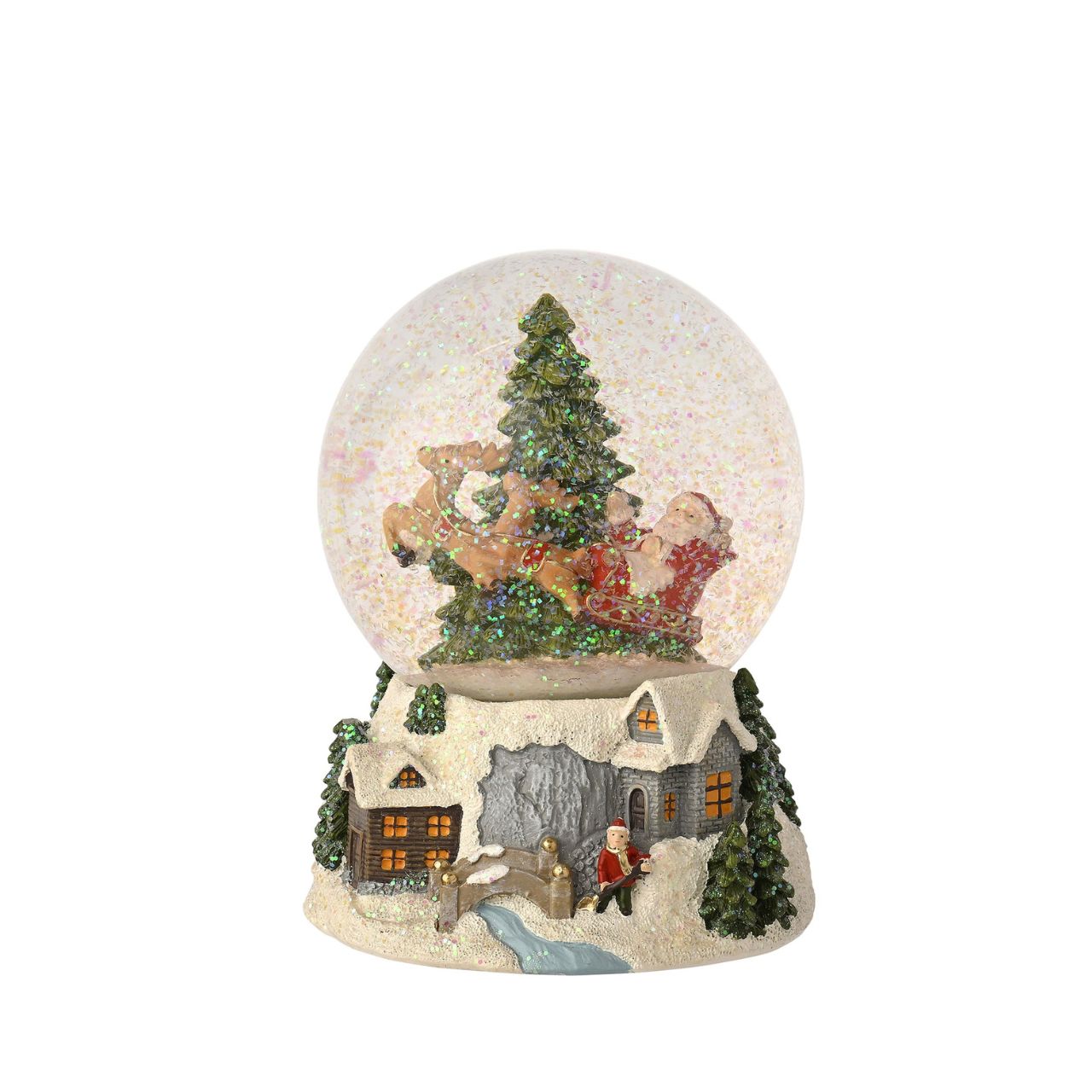 The 'Regal Tidings Santa Sleigh & Tree Snow Globe' captures the season's magic in an enchanting scene.