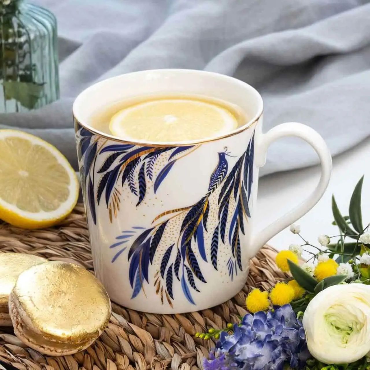 Graceful peacocks and gold accents for everyday elegance