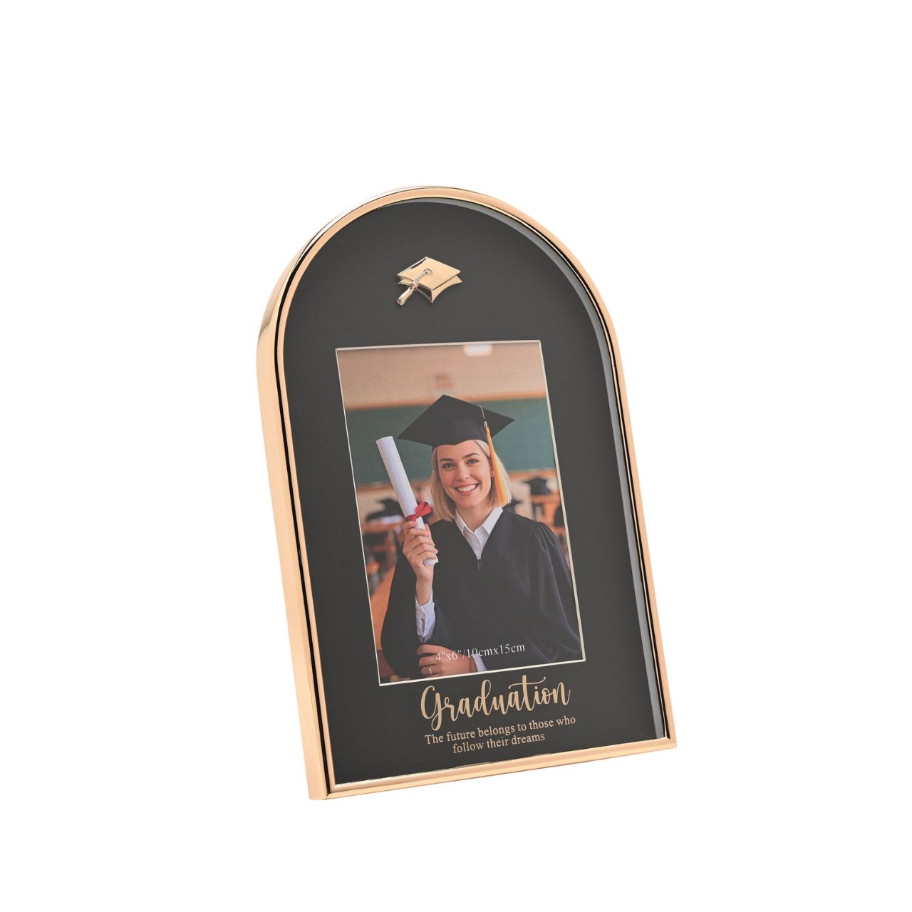 The School Years Arch Frame 4" x 6" - Graduation is a stylish keepsake designed to celebrate a proud achievement. Featuring an elegant arched shape with a black backdrop and gold-tone detailing, it is finished with a graduation cap icon and an inspiring message for a meaningful presentation.