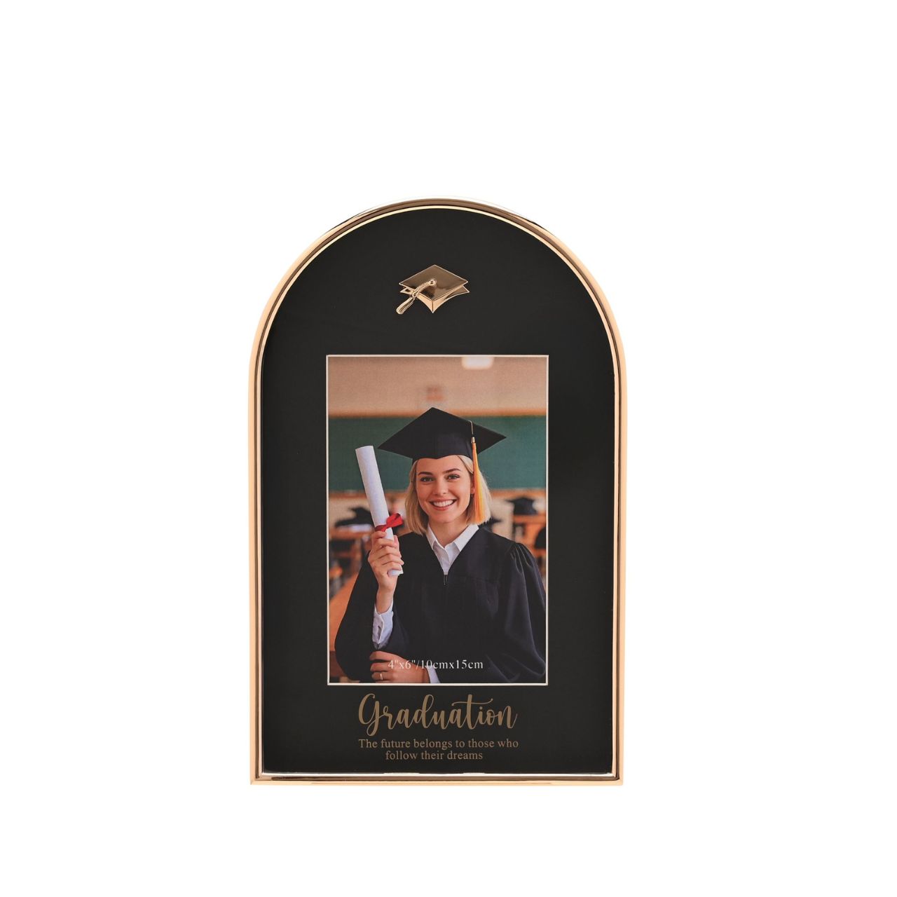 The School Years Arch Frame 4" x 6" - Graduation is a stylish keepsake designed to celebrate a proud achievement. Featuring an elegant arched shape with a black backdrop and gold-tone detailing, it is finished with a graduation cap icon and an inspiring message for a meaningful presentation.