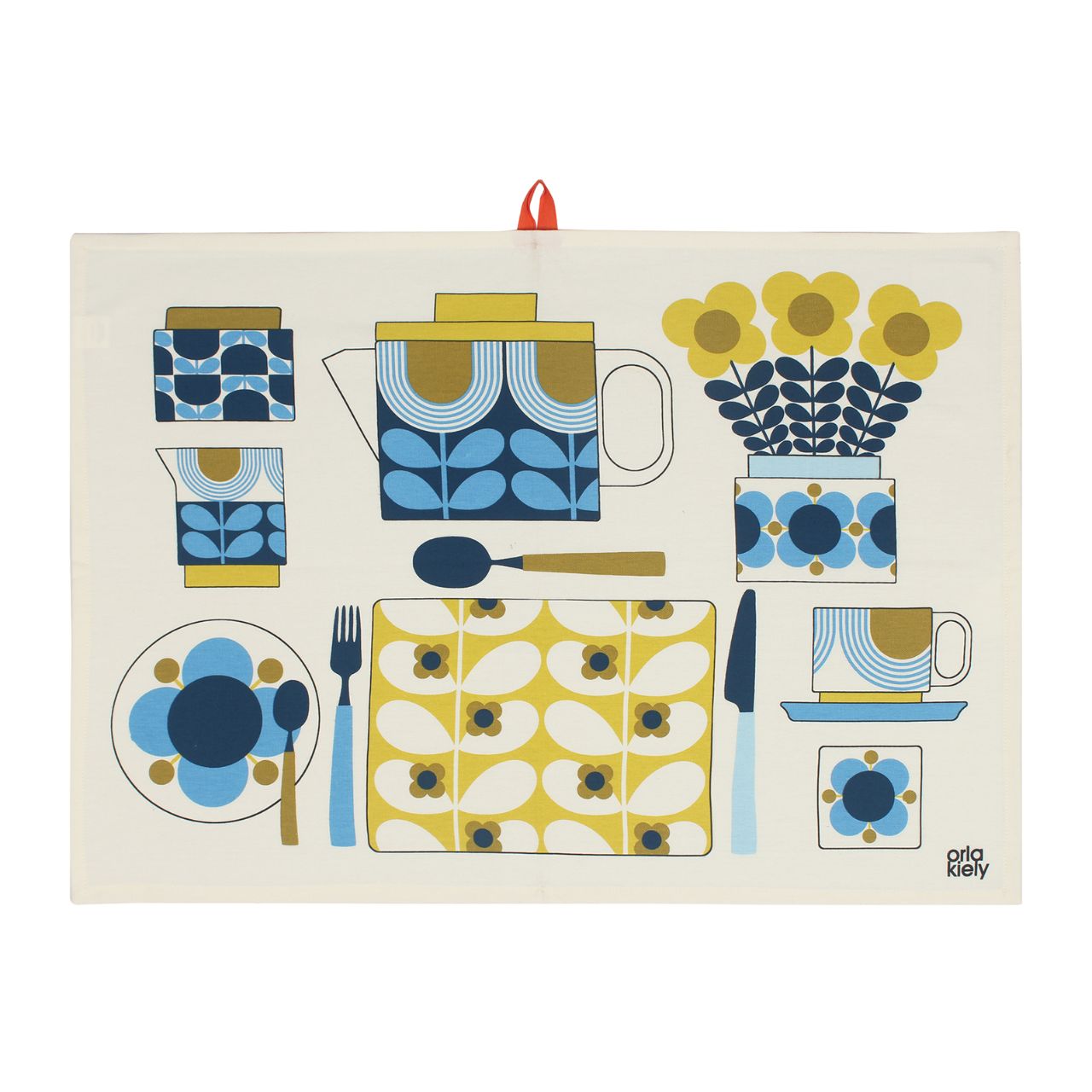 Tipperary Orla Kiely Set of 2 T-Towels - Afternoon Tea  Add a touch of modern style to your kitchen with this set of two Tea Towels.  The set comes with a Tea Towel that features the Atomic Flower design and a second Tea Towel featuring the Orla Kiely table setting. Each Tea Towel features a useful hanging loop to create an eye catching kitchen accessory even when not in use.