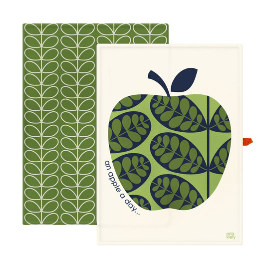 Tipperary Orla Kiely Set of 2 T-Towels - Apple A Day  Add a touch of modern style to your kitchen with this set of two Tea Towels.  The set comes with a Tea Towel that features the Linear Stem print in Green and a second Tea Towel featuring the Orla Kiely Apple. Each Tea Towel features a useful hanging loop to create an eye catching kitchen accessory even when not in use.