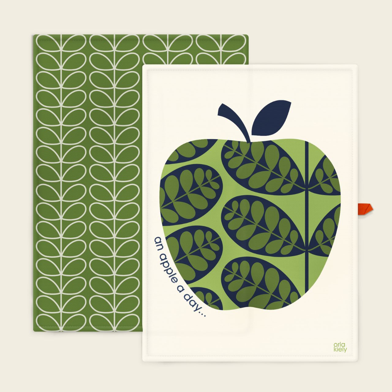 Tipperary Orla Kiely Set of 2 T-Towels - Apple A Day  Add a touch of modern style to your kitchen with this set of two Tea Towels.  The set comes with a Tea Towel that features the Linear Stem print in Green and a second Tea Towel featuring the Orla Kiely Apple. Each Tea Towel features a useful hanging loop to create an eye catching kitchen accessory even when not in use.