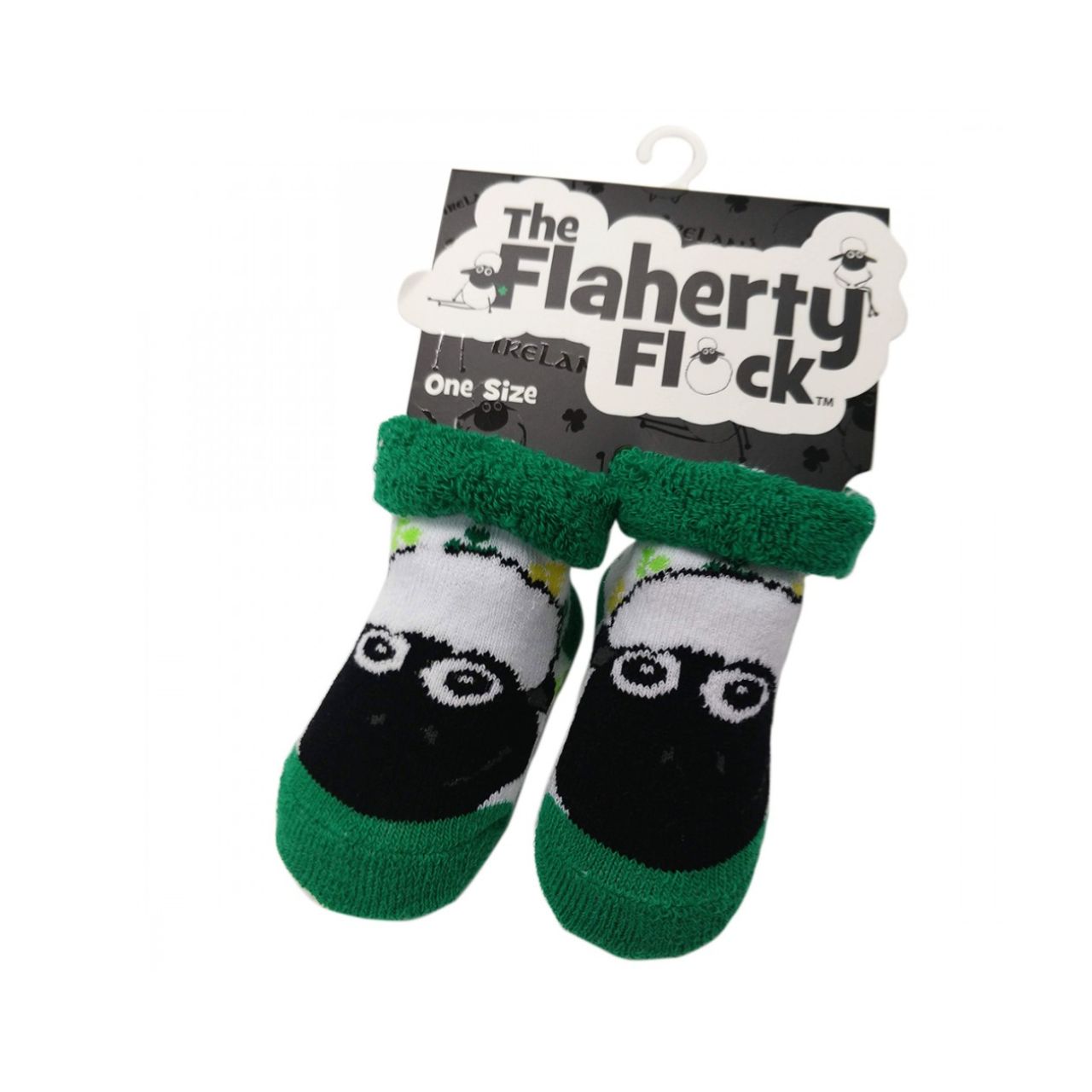 White & Green Shamrock Sheep Baby Socks  These green and white baby socks are part of the Traditional Craft Official Collection. They feature jacquard design shamrocks and sheep.