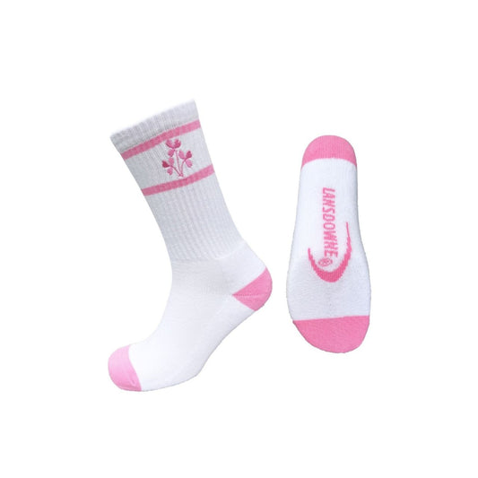 A sporty pair of socks with Shamrock styling in white and pink. Soft, supportive feel makes them great for training and everyday wear. A fun twist on a classic look.