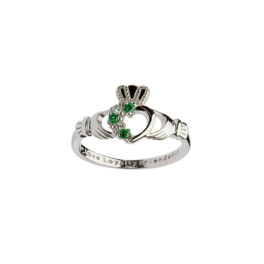Beautifully etched with the words Love, Loyalty and friendship, this sterling silver ring is a stylish rendition of an Irish tradition. The ornate pattern includes a highly detailed set of hands, a delicate crown and a bejeweled heart. Four stones add an asymmetric, modern design to this traditional ring.