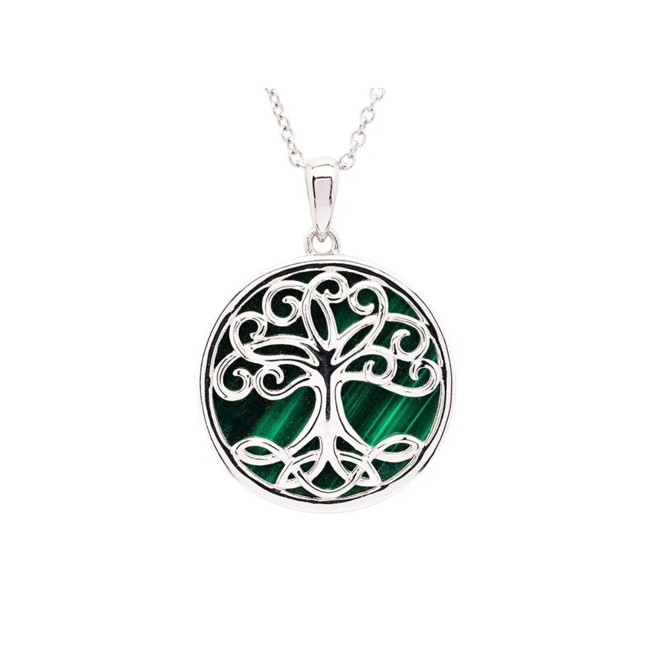 Shanore’s Green Malachite Sterling Silver Tree of Life Pendant Necklace inspires the wearer to find her roots and reach the sky. Green malachite reminds of rich foliage and helps inner transformation. Likewise, the Celtic Tree of Life symbolizes riches and rebirth.