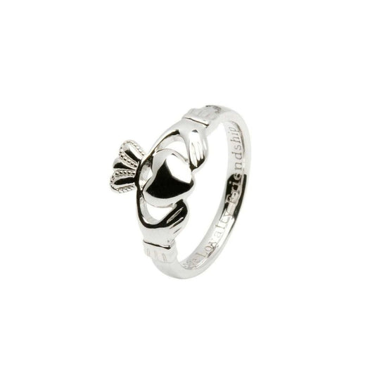 This gorgeous Claddagh ring is made especially for women. The comfort fit of this sterling silver ring will bring a smile to any lover of Celtic art. With the inscription of the Claddagh message, 'love loyalty friendship' this piece will remind the wearer of the importance of each facet in day to day life. The elegant silver hands hold the heart tenderly, but with strength, balancing the crowning loyalty of the trinity.
