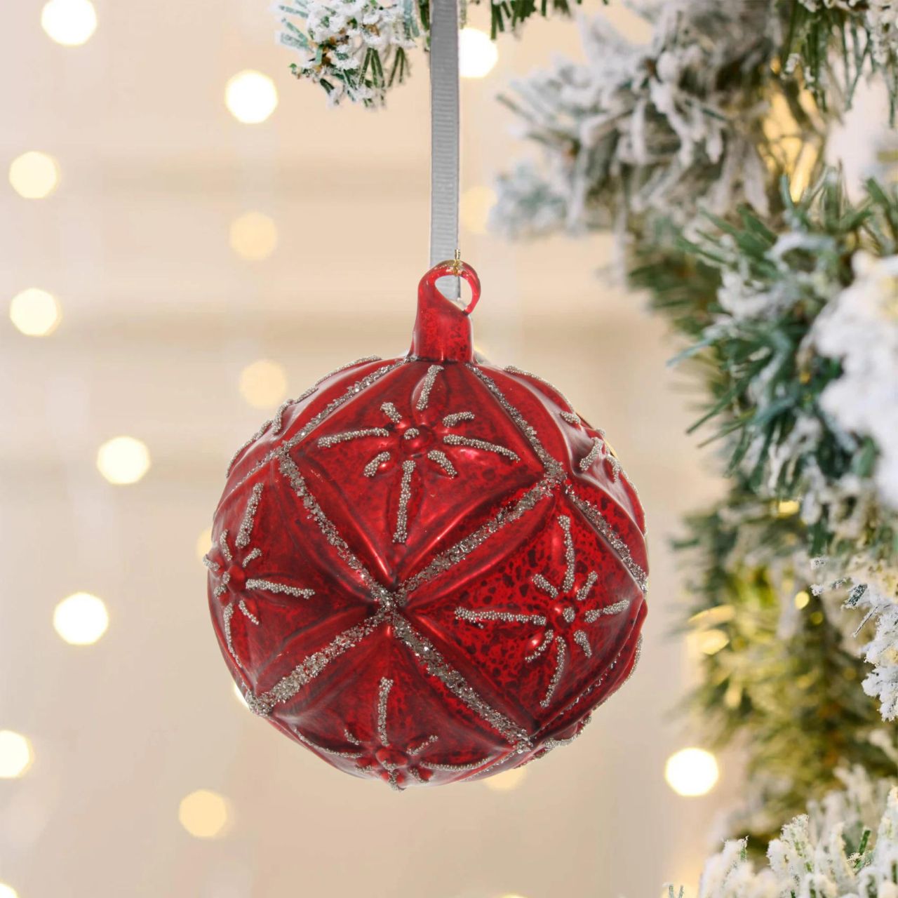 Shishi Red Glass Antique Floral Ball with Silver Glitter  Browse our beautiful range of luxury festive Christmas tree decorations, baubles & ornaments for your tree this Christmas.