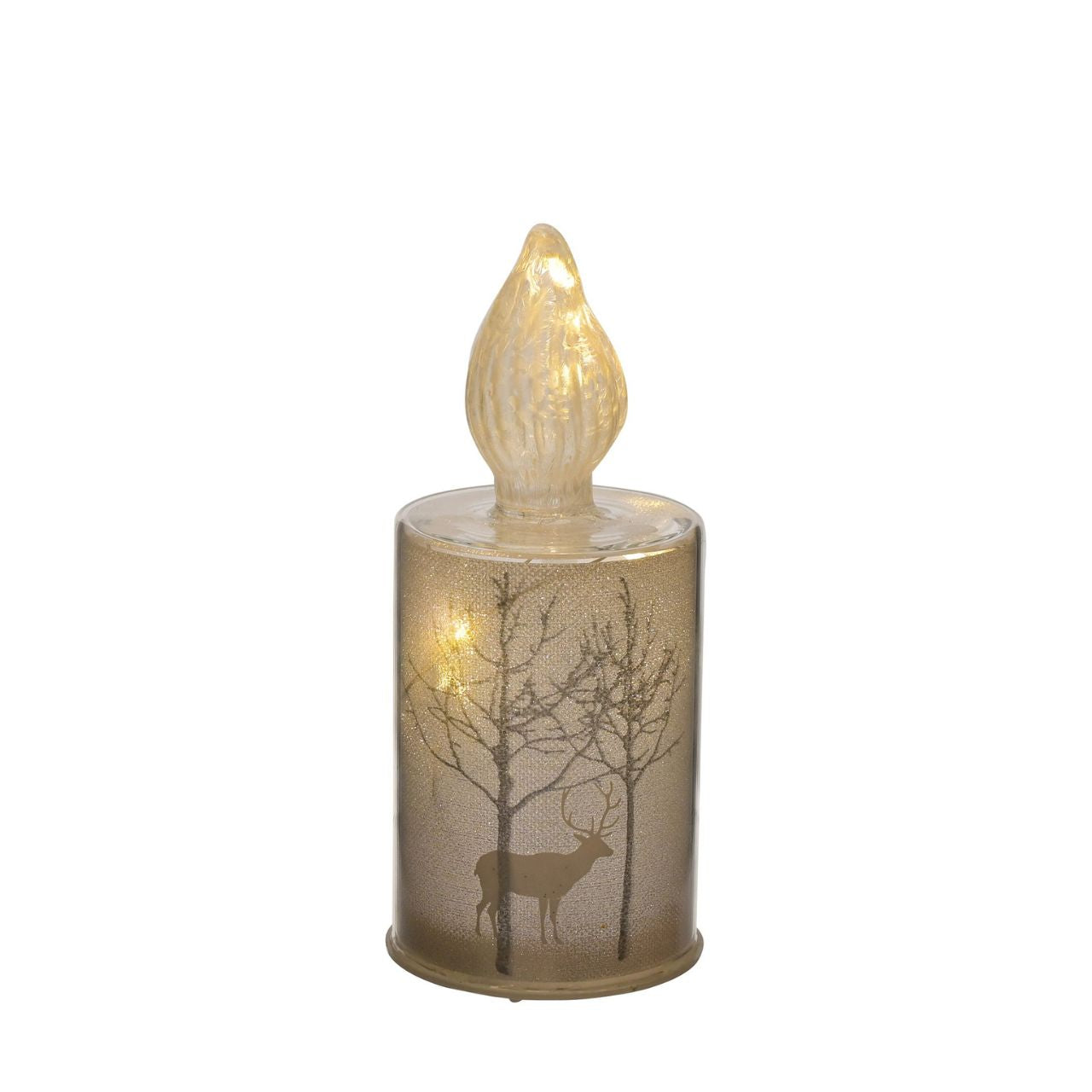 Christmas Silver Forest Scene Small LED Glass Candle Light  A small silver forest scene LED candle-shaped light by THE SEASONAL GIFT CO.  This glistening light will help to create a magical Winter Wonderland at home this festive period.