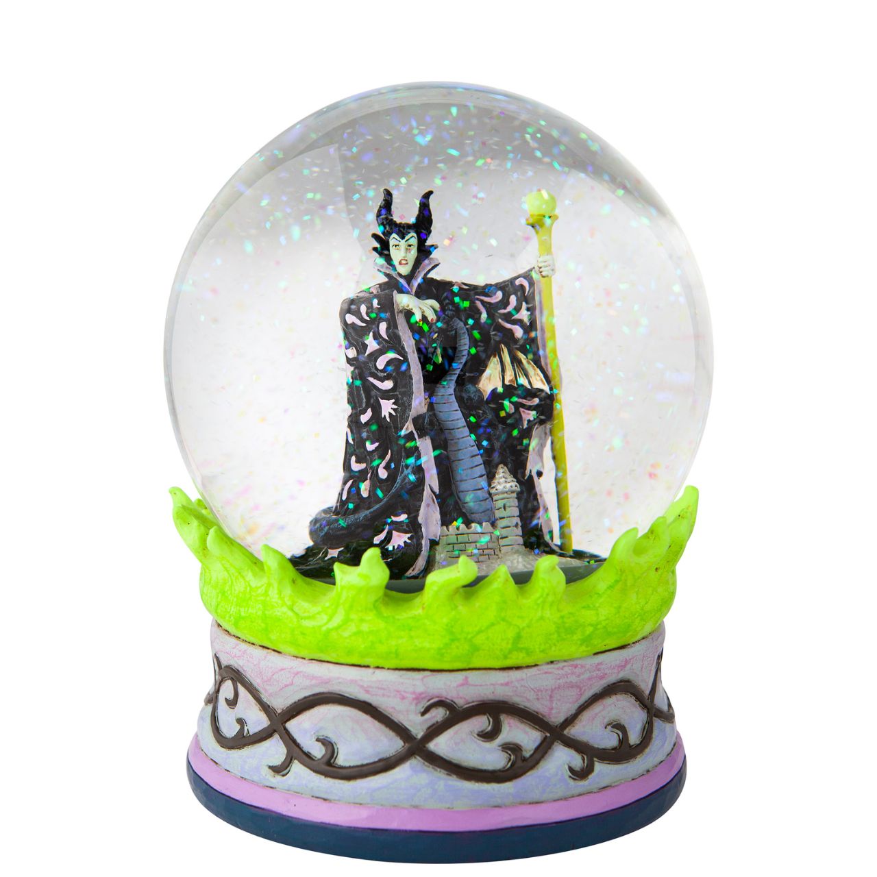 Disney's Sleeping Beauty Maleficent  Christmas Snow Globe  This waterball is almost caldron-like with it's eerie green flames and evil centerpiece. Maleficent, the bitter witch of Disney's Sleeping Beauty, strikes a dubious pose in the water. With immaculate craftsmanship this Jim Shore piece astonishes.