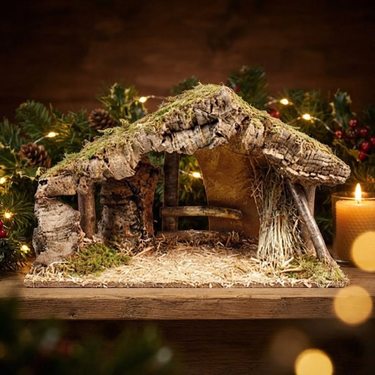 A charming nativity shed perfect for seasonal displays. This decorative piece features warm LED lighting powered by 2 CR2032 batteries, creating an inviting glow for your holiday décor. Measuring 15" x 10" x 5.5", it's an ideal size for shelves, mantels, or display tables. A lovely addition to nativity collections or Christmas village scenes.