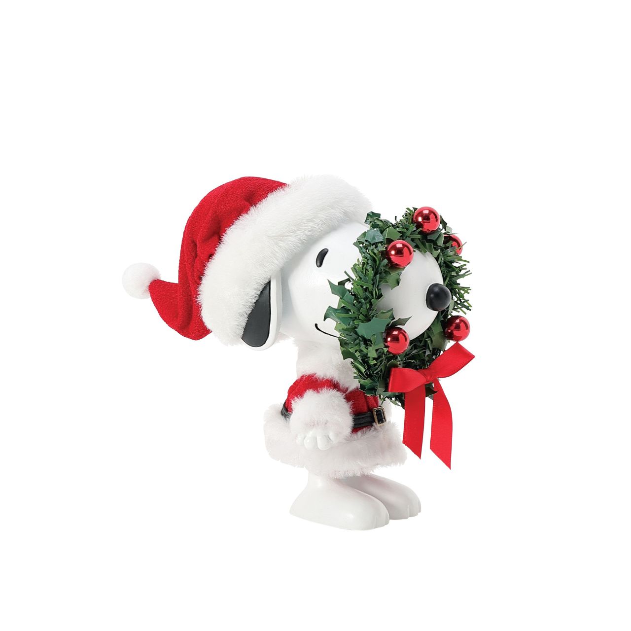 Snoopy is all decked out and ready to decorate for the holidays. He sports a fur trimmed Santa hat and coat along with an eye-catching wreath. Made with special Clothtique - a fabric that is stiffened to keep its shape and preserve it's look - this piece is part of the official Possible Dreams line.
