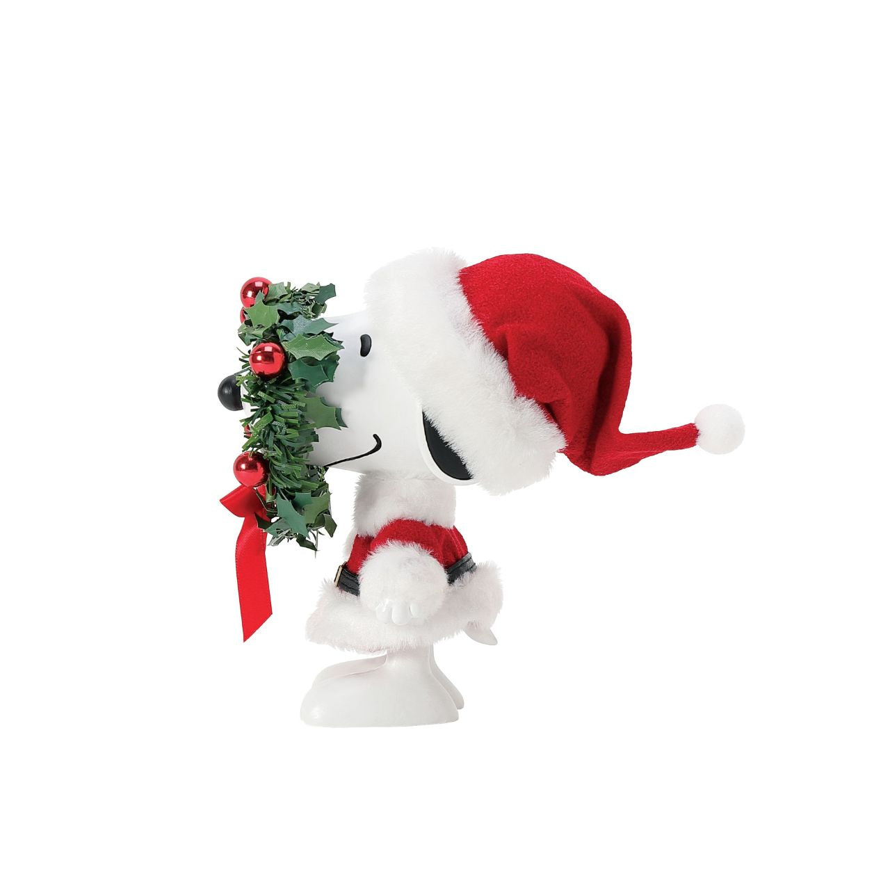 Snoopy is all decked out and ready to decorate for the holidays. He sports a fur trimmed Santa hat and coat along with an eye-catching wreath. Made with special Clothtique - a fabric that is stiffened to keep its shape and preserve it's look - this piece is part of the official Possible Dreams line.