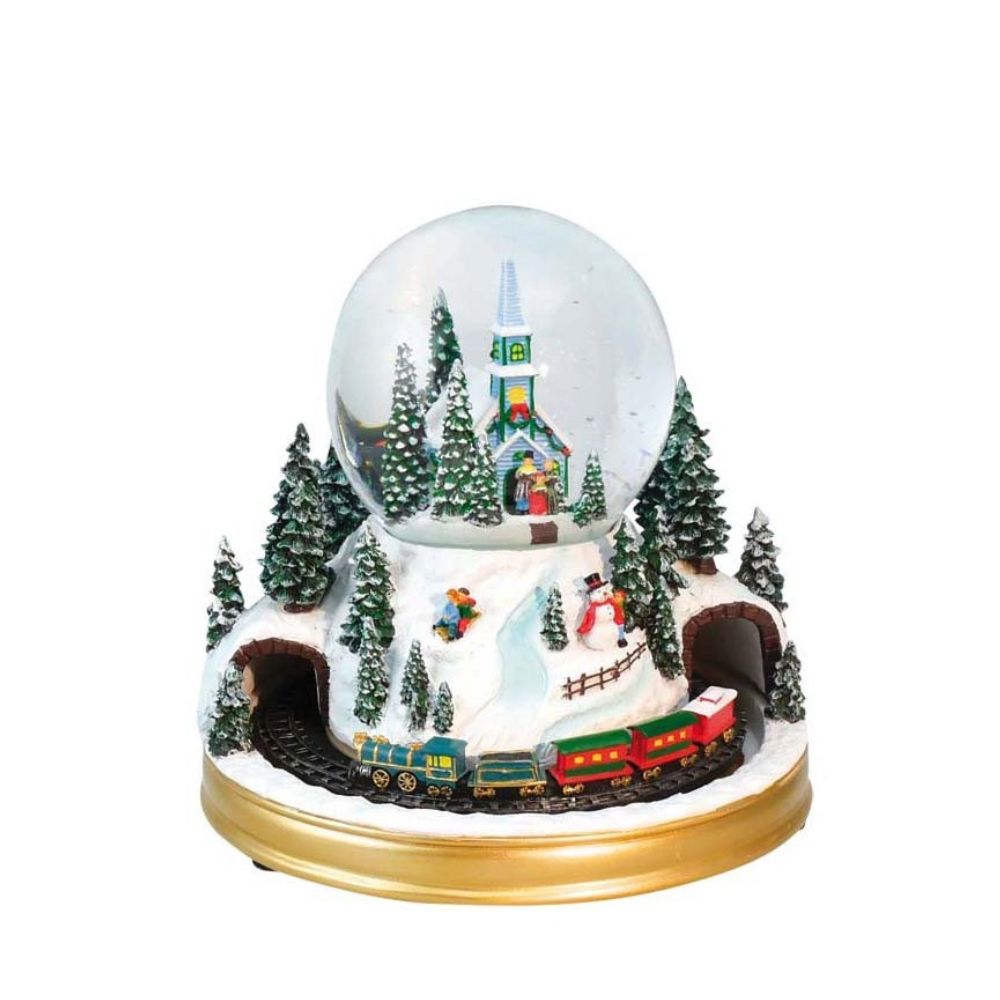 Snow globe “Blue church with carol-singers”. When you switch on the item the train rotates while Christmas carols are played.