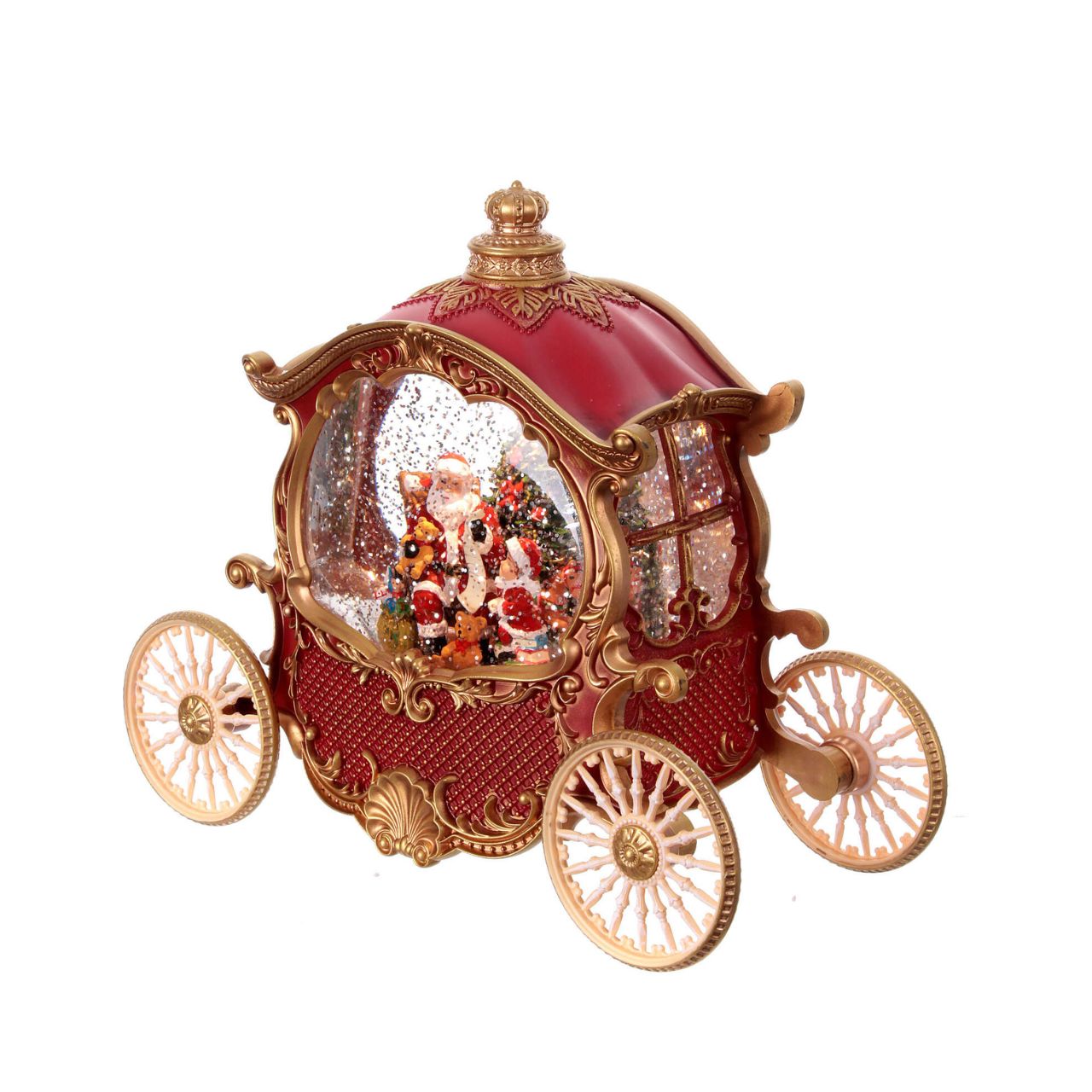 This elegant red carriage features Santa and a child positioned before a Christmas tree. It illuminates gently while releasing sparkling glitter and offers eight festive melodies. The lights and glitter function independently of the music for versatile holiday ambiance.