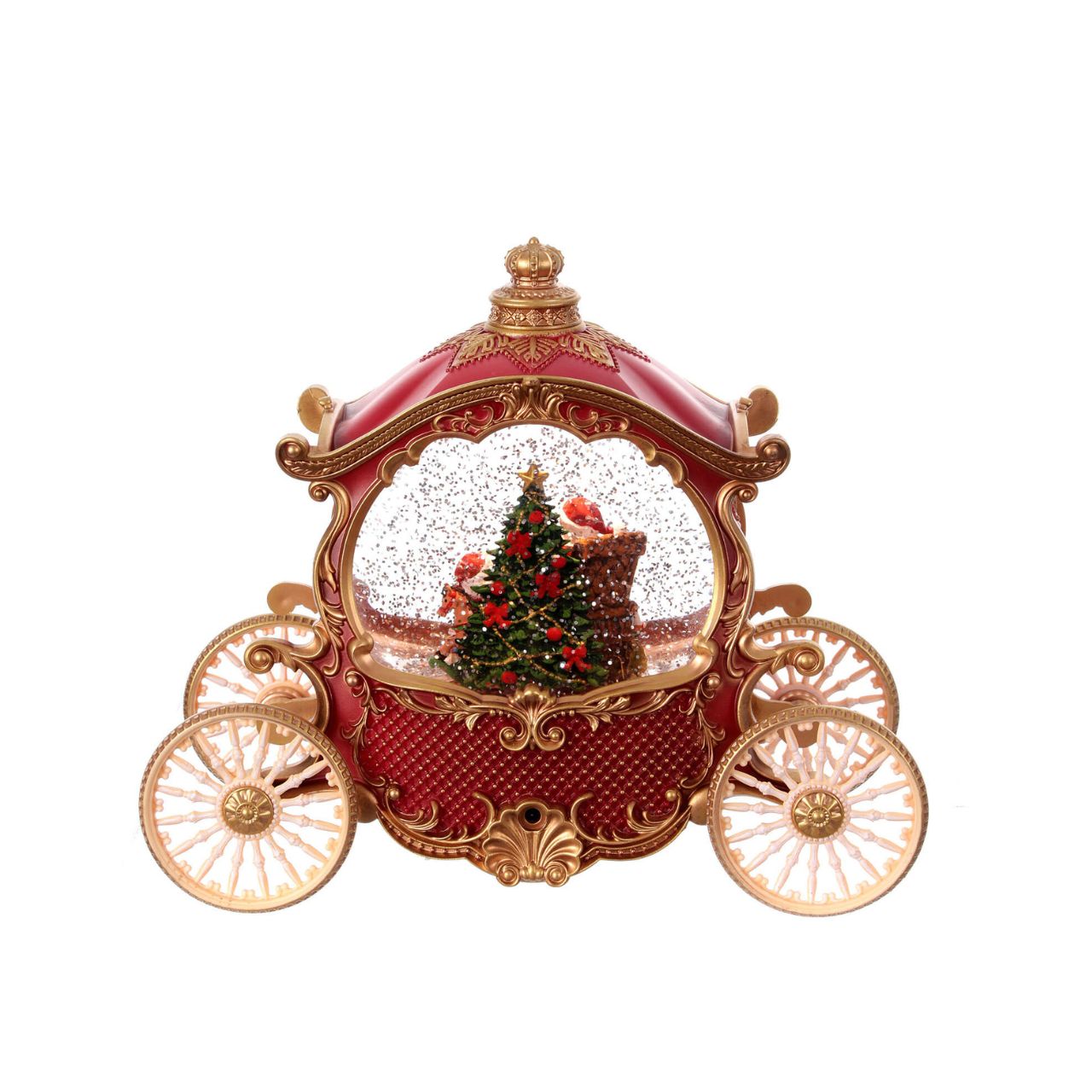 This elegant red carriage features Santa and a child positioned before a Christmas tree. It illuminates gently while releasing sparkling glitter and offers eight festive melodies. The lights and glitter function independently of the music for versatile holiday ambiance.