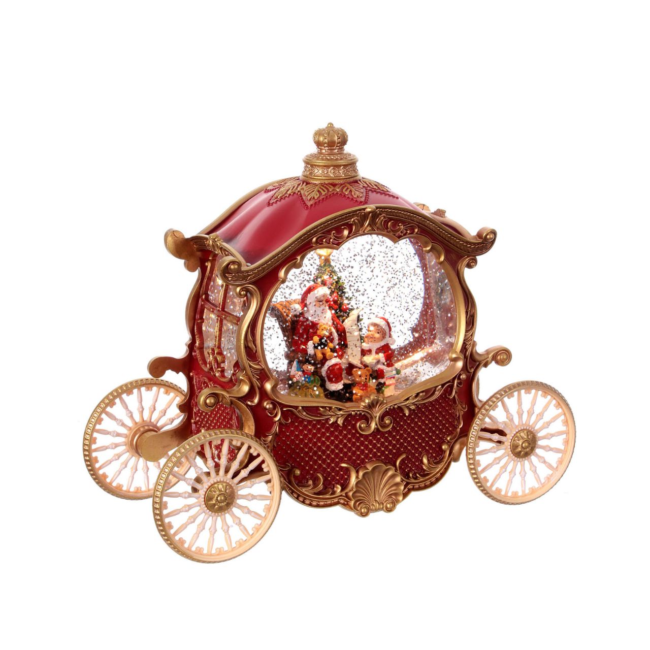 This elegant red carriage features Santa and a child positioned before a Christmas tree. It illuminates gently while releasing sparkling glitter and offers eight festive melodies. The lights and glitter function independently of the music for versatile holiday ambiance.