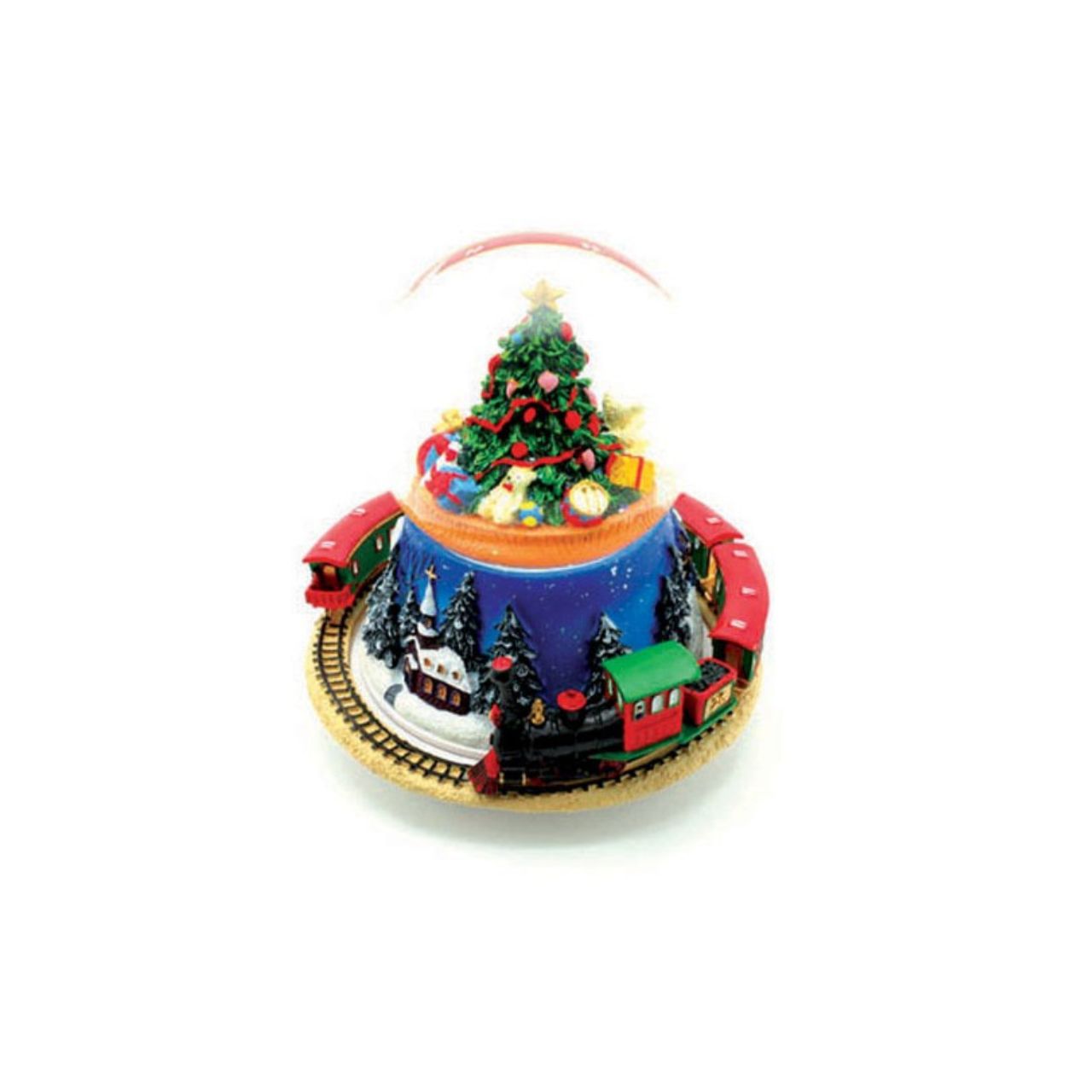 Snow globe with Christmas tree and train. The train rotates around the 100 mm globe while the tune of "O Christmas tree" plays.