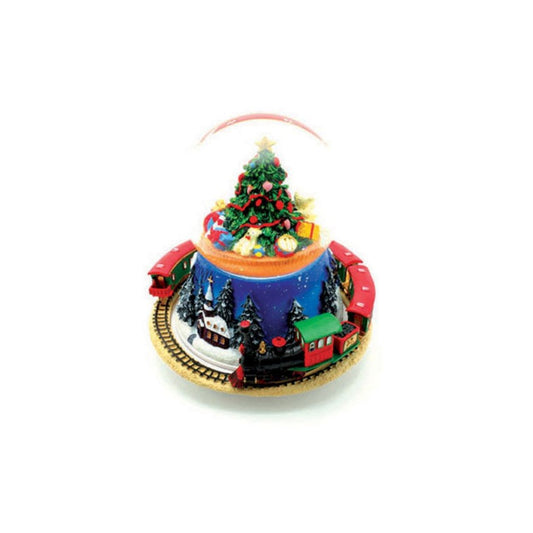 Snow globe with Christmas tree and train. The train rotates around the 100 mm globe while the tune of "O Christmas tree" plays.