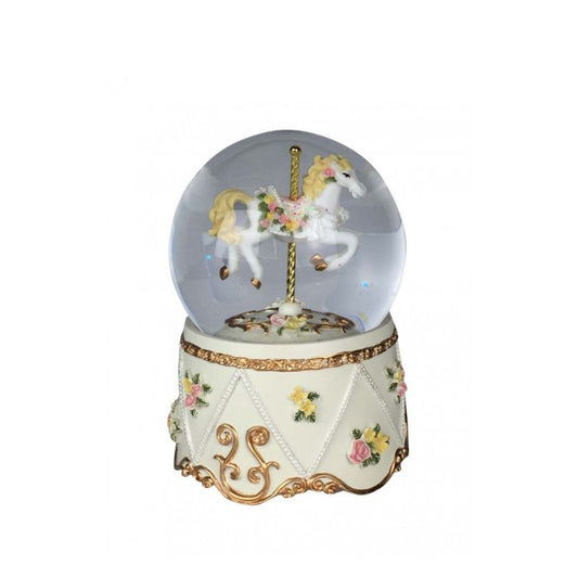 Glitter globe with carousel horse. The decorated carousel horse stands on a gold-coloured pole in the globe filled with glitter. The floor and the base are decorated with flowers, tendrils and ornaments. Shiny stones are attached to the base.