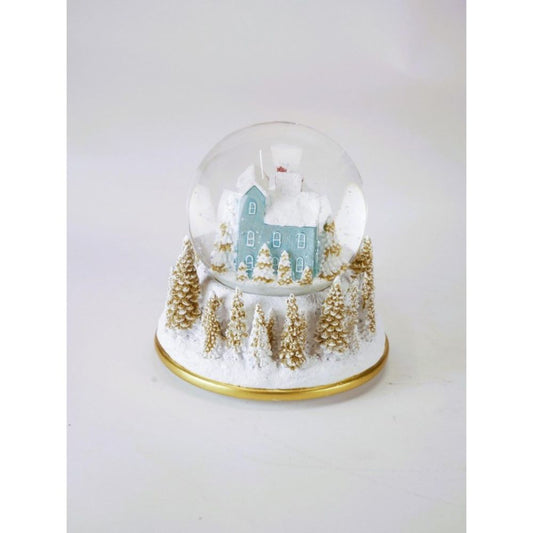 This elegant white and gold countryside snow globe gently fills the air with a classic Christmas melody.