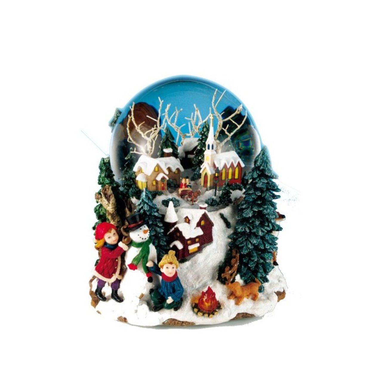 Winter landscape snow globe, plays the melody “Leise rieselt der Schnee”. By pressing a button on the back, snow swirls automatically and lights are shining.