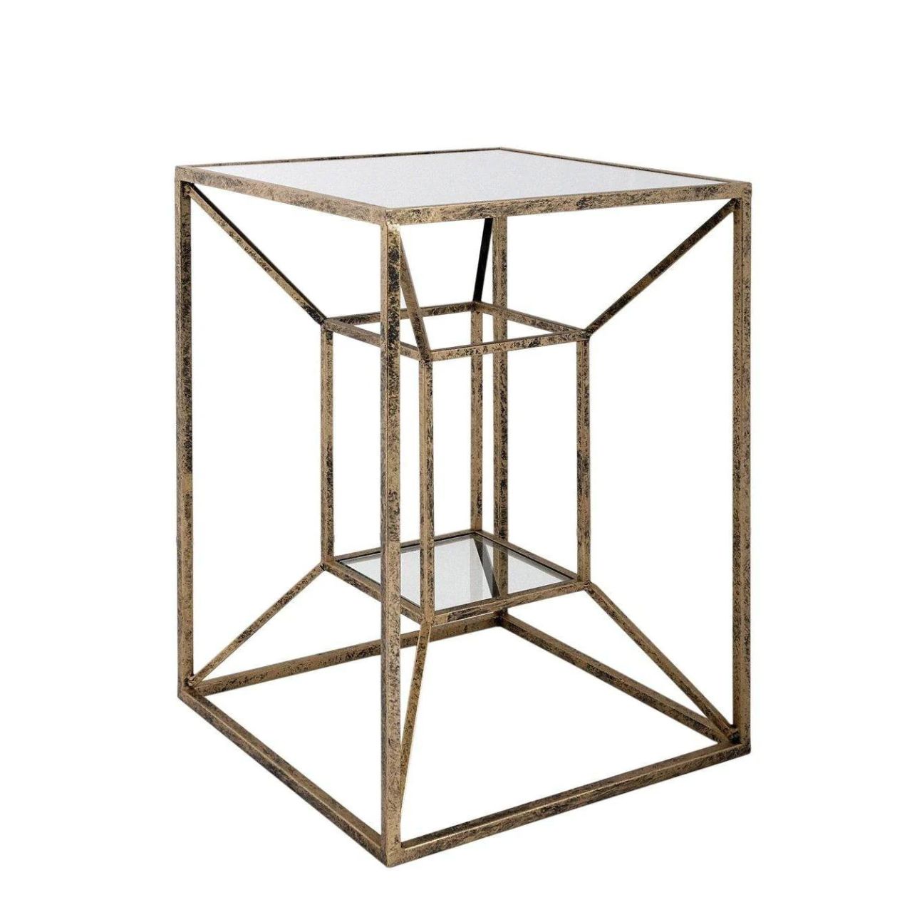 Mindy Brownes Interiors Solomon Side Table  Solomon Side Table  Gold and black framed side table with mirrored top and glass bottom shelf.
