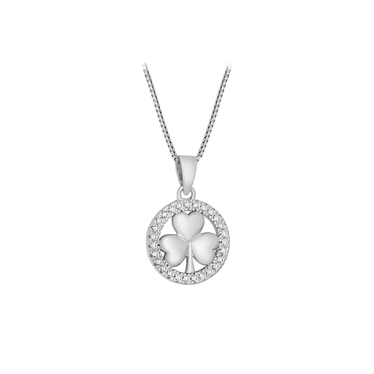 Add some Irish luck to your style with this stunning Shamrock pendant. Crafted from sterling silver and surrounded by a circle of cubic zirconia, the Shamrock is said to bring good fortune to those who wear it. It is a famous symbol of Ireland that is recognised all over the world.