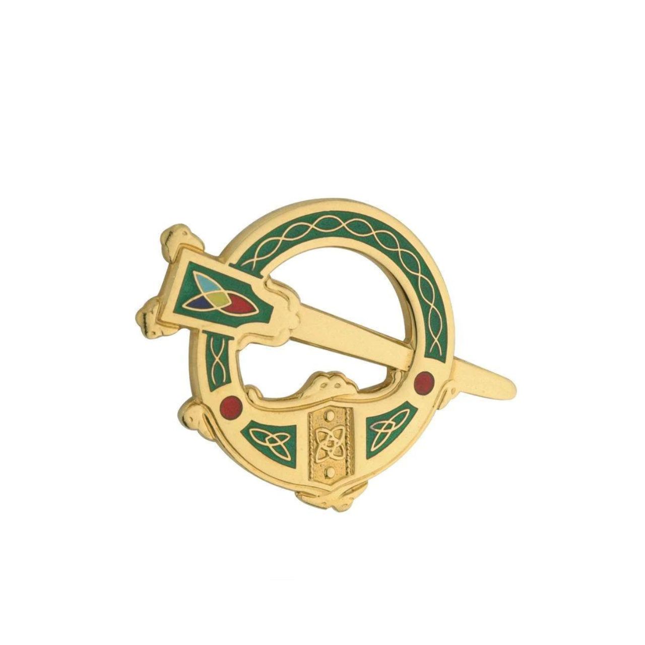 This Gold Plated Green Tara Brooch measures 2.01 inches in width, 51 mm in width, 36 mm in height, 1.42 inches in height, and weighs a total of 9.94 grams. A symbol of enduring love, the Trinity Knot was originally crafted in an Irish monastery centuries ago. It represents the synchrony of mind, body, and soul, embodying a captivating and long-held message.