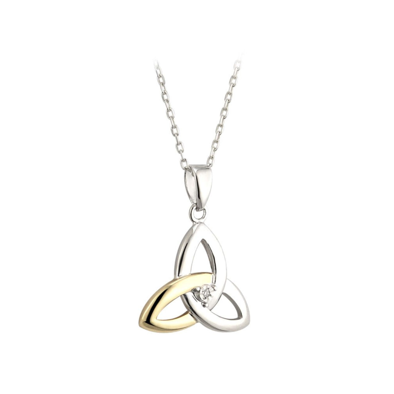 Our beautiful Trinity Knot necklace has been crafted in sterling silver and 10 karat gold, and embellished with a stunning diamond gemstone. The Trinity Knot symbolises eternal love, with no beginning and no end. This piece has been Irish hallmarked in Dublin Castle and would make a perfect gift for someone special.