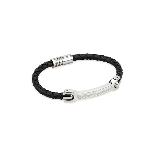 This unique piece for men features a steel plate with a black leather bracelet engraved with Celtic knot-work on the front. There is a magnetic clasp allowing for easy putting on and taking off.