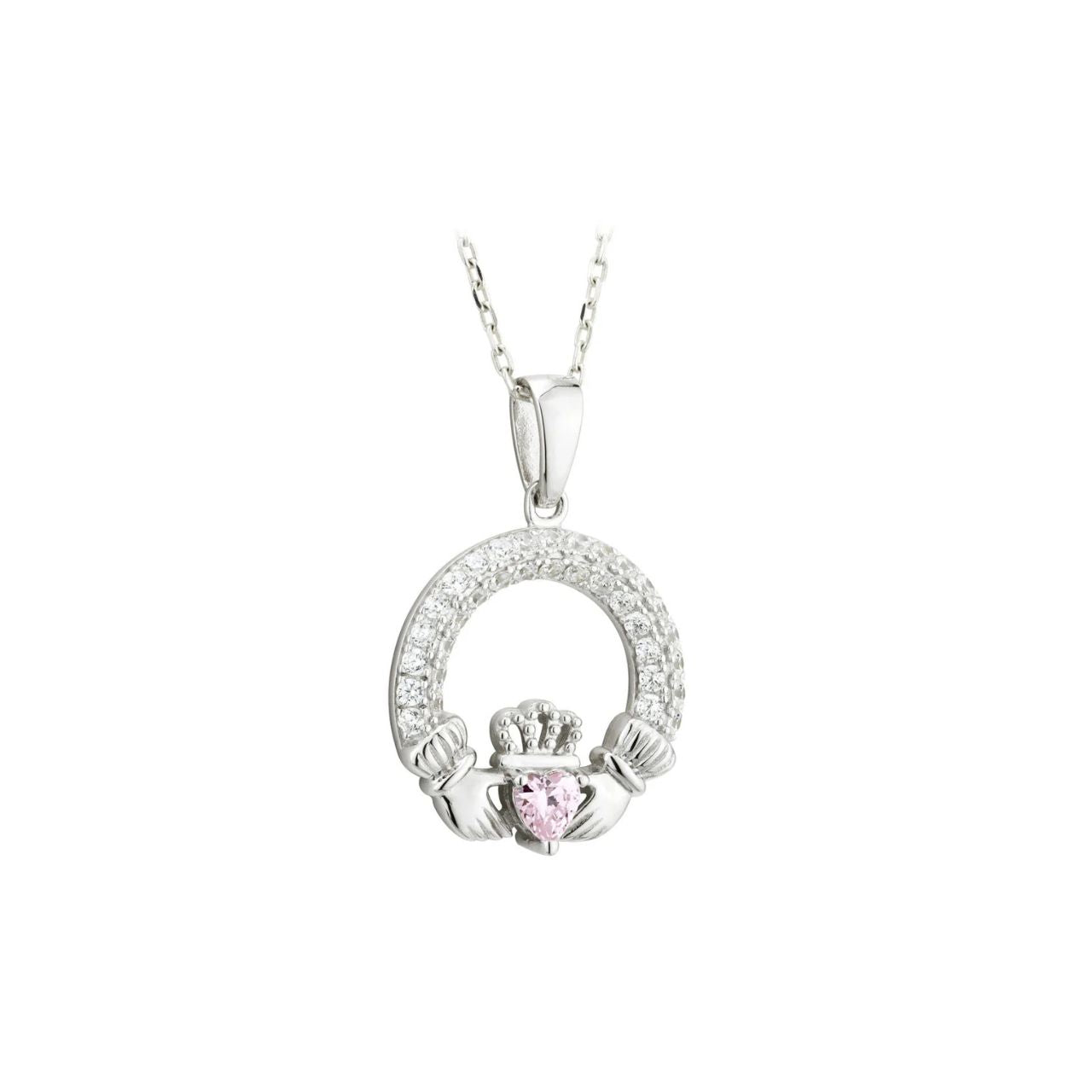 An October birthday is symbolised by the classic rose stone which in this Claddagh pendant signifies inspiration, love and healing.