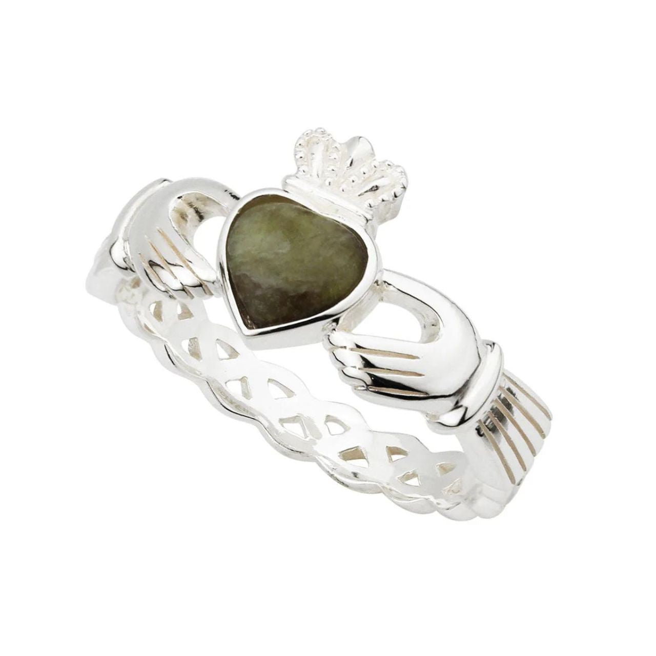 The Claddagh in this ring tells a tale of eternal devotion, with its symbols representing love, loyalty and friendship. Upon the weave band of this sterling silver Claddagh ring sits a heart made of Connemara marble, known as “Ireland’s gemstone”, that dates back over 900 million years.