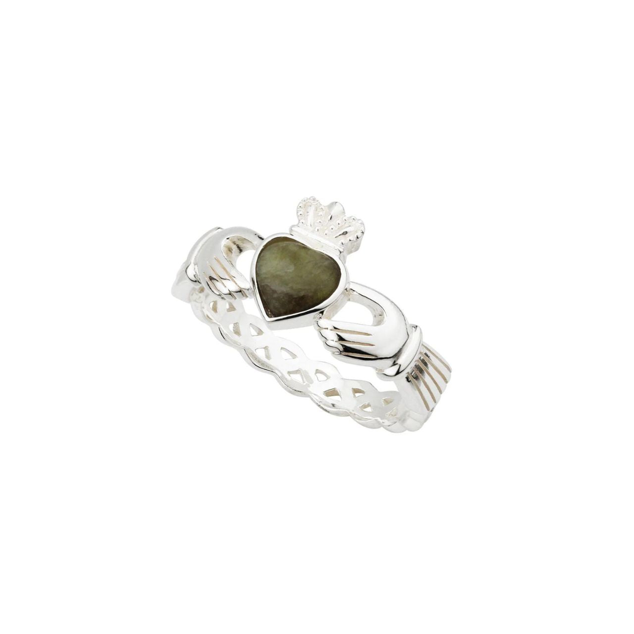 The Claddagh in this ring tells a tale of eternal devotion, with its symbols representing love, loyalty and friendship. Upon the weave band of this sterling silver Claddagh ring sits a heart made of Connemara marble, known as “Ireland’s gemstone”, that dates back over 900 million years.