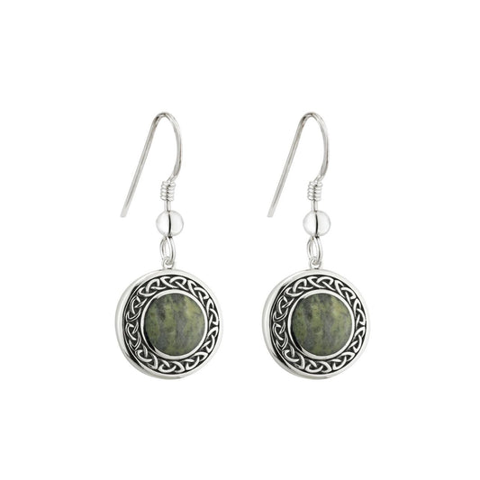 Silver Connemara Marble Round Celtic Drop Earrings These sterling silver drop earrings are made from Connemara marble, a unique stone that dates back over 900 million years and is known as “Ireland’s gemstone”. All of our Connemara marble is truly authentic, coming from the Joyce family mine in Connemara, County Galway, and each piece of jewellery is unique.