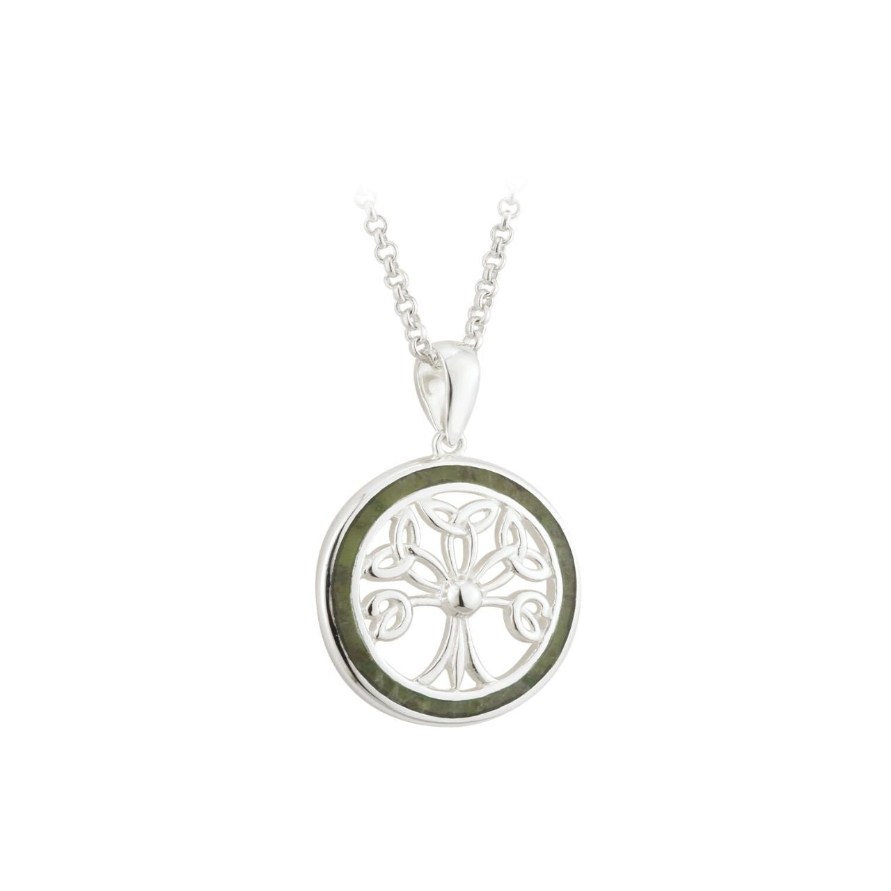 Silver Connemara Marble Tree Of Life Pendant  This beautiful sterling silver marble pendant features the Tree of Life overlaid on Connemara marble. The Tree of Life in this pendant dates back to the Celts who believed that trees were the source of all life.