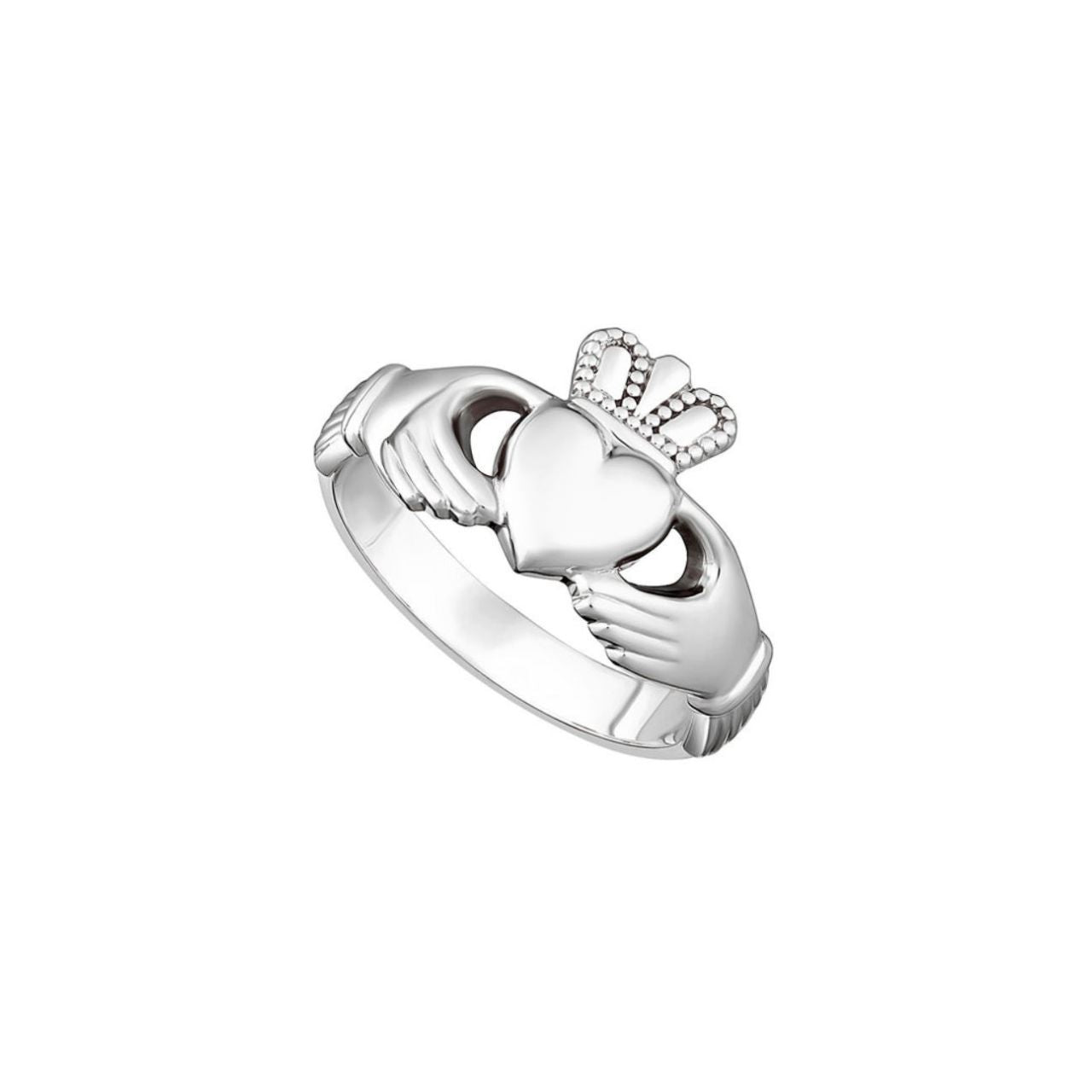 This Irish&nbsp;traditional&nbsp;sterling silver ring for women features the Claddagh symbol evoking love, loyalty and friendship. The Claddagh represents devotion, and echoes the words of the Irish sailor who first crafted it for his sweetheart: “With these hands I give you my heart, and I crown it with my love”.