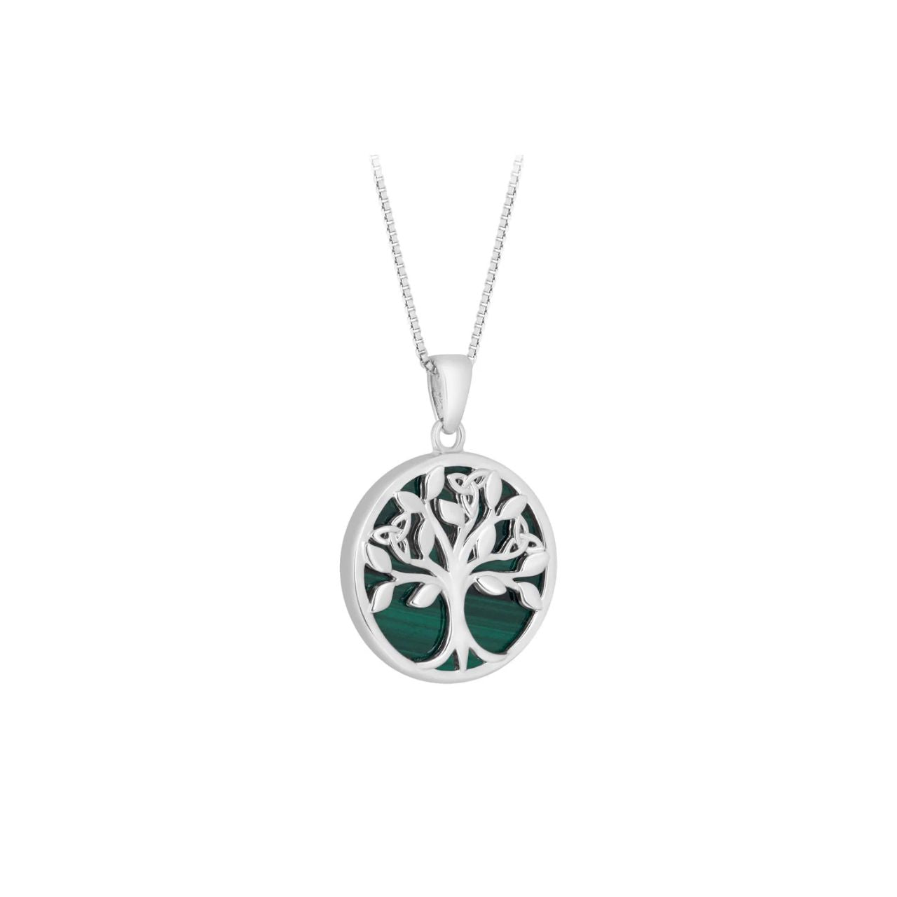 This sterling silver Celtic necklace features a flat disc of malachite topped with a Tree of Life symbol. The Tree of Life has been preserved for many centuries in Ireland. It represents balance and harmony in all worlds, connecting heaven, earth and the underworld.