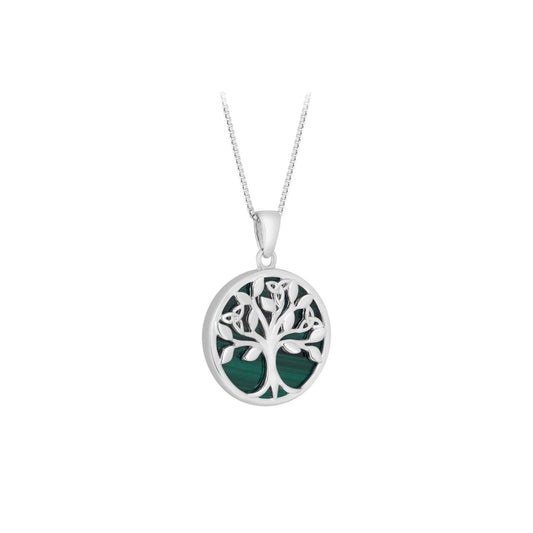 This sterling silver Celtic necklace features a flat disc of malachite topped with a Tree of Life symbol. The Tree of Life has been preserved for many centuries in Ireland. It represents balance and harmony in all worlds, connecting heaven, earth and the underworld.