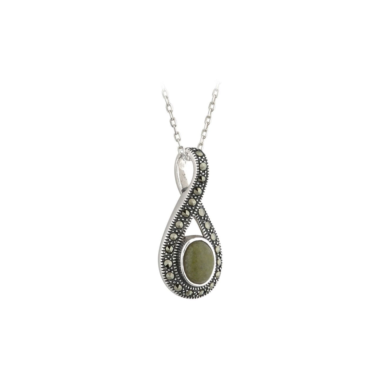 This stunning necklace has been crafted in sterling silver with Connemara marble and embellished with marcasite for an added sparkle. Connemara Marble is referred to as "Ireland's Gem Stone".