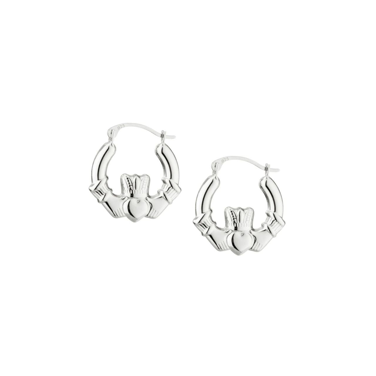 These sterling silver small creole hoop earrings feature the Claddagh symbol, which is emblematic of Ireland. The Claddagh story tells a tale of eternal love and devotion, and its symbols represent love (heart), friendship (hands) and loyalty (crown). 