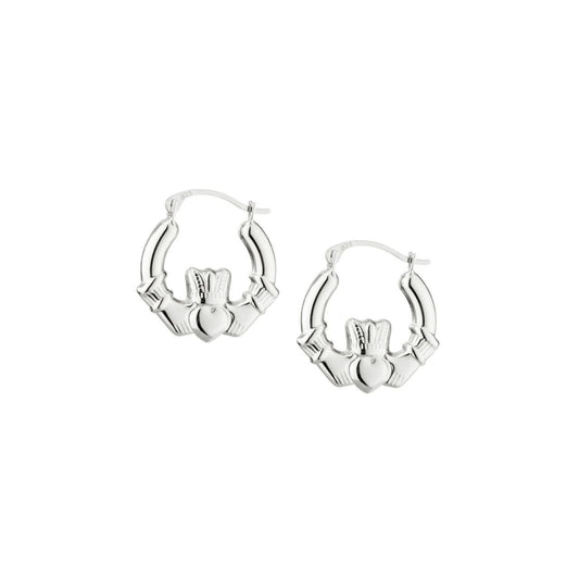 These sterling silver small creole hoop earrings feature the Claddagh symbol, which is emblematic of Ireland. The Claddagh story tells a tale of eternal love and devotion, and its symbols represent love (heart), friendship (hands) and loyalty (crown). 
